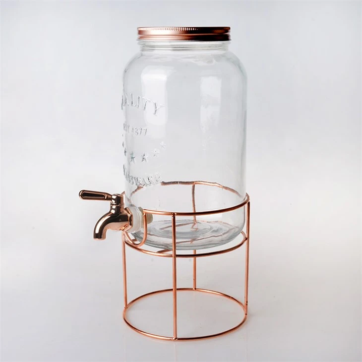 Glass Drink Dispenser with Metal Rose Gold Holder
