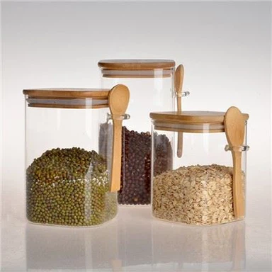 3 Buah Toples Penyimpanan Kaca Persegi Bening dengan Tutup Bambu