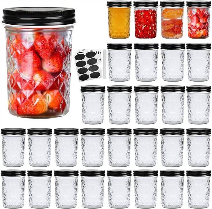 8 OZ Glass Jars With Lid, Small Mason Jars With Black Lid