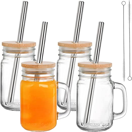 Glass Mason Jar Cups Dengan Tutup Bambu Dan Jerami